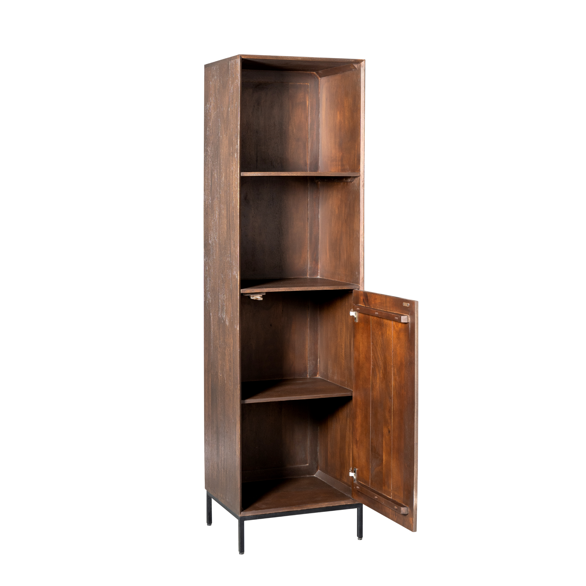 Boekenkast Madison Mangohout Bruin 55cm van Starfurn, twee open vakken en een deur met lattenpatroon