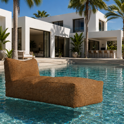 Terracotta Boho Long Chair van Laui Lounge in een buitensetting met planten en naturel accessoires