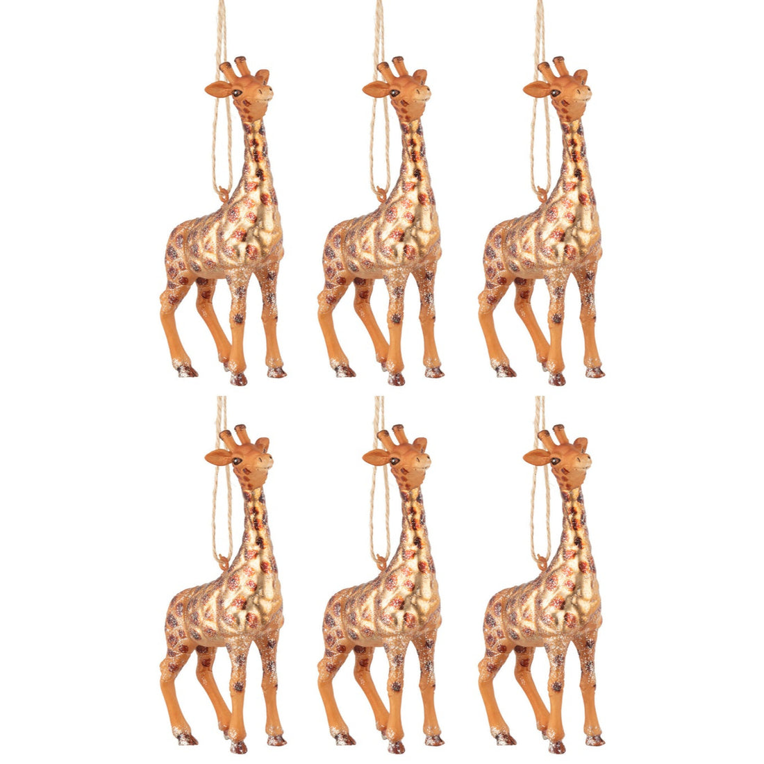 Box Of 6 Christmas Baubles Giraffe Glass Brown Mix - - J-Line - livinglovely.nl