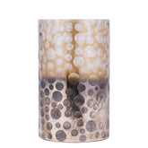 Bridgid Windlicht Bruin Ombre Large van PTMD, rond glas met gouden en grijze stippen op witte achtergrond