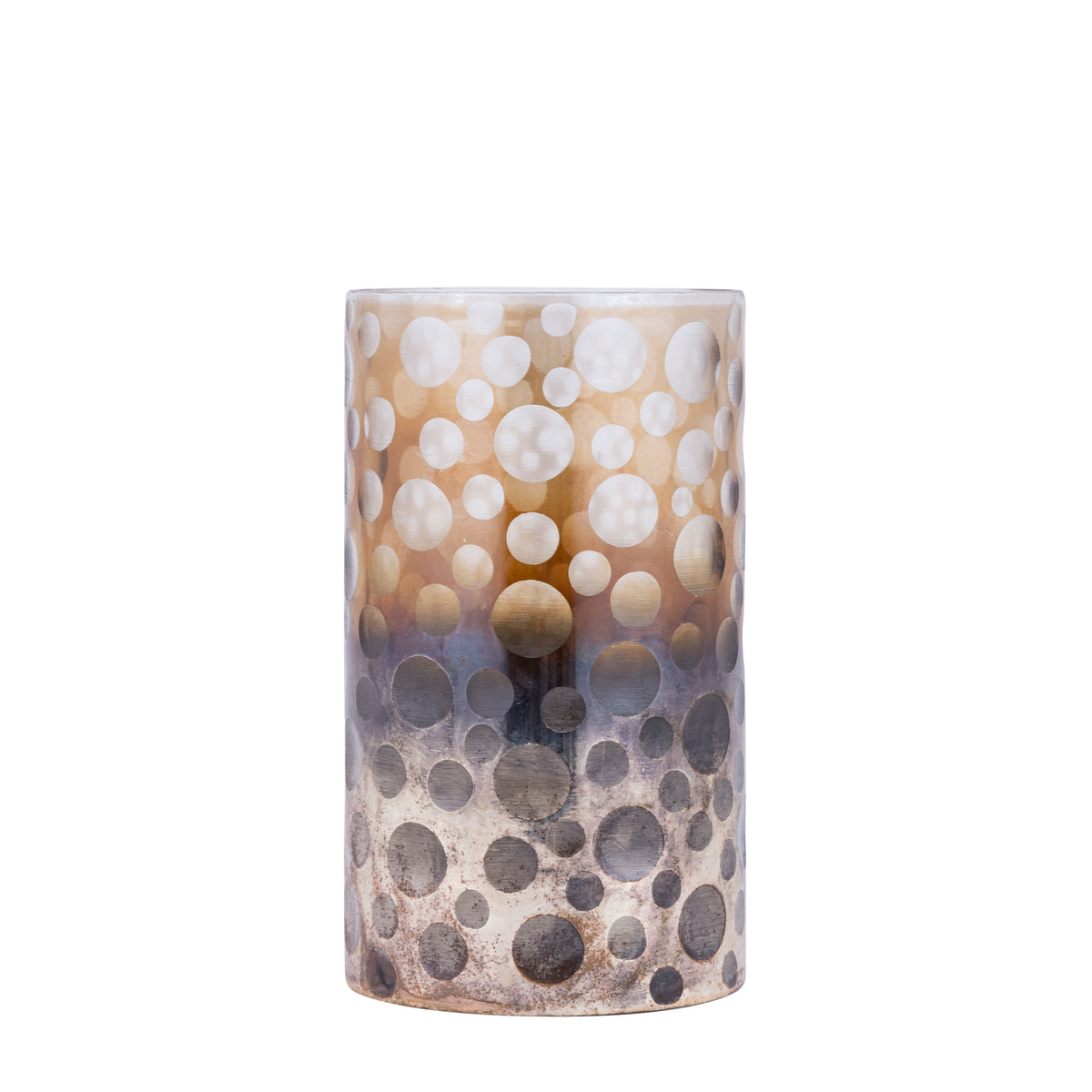 Bridgid Windlicht Bruin Ombre Medium van PTMD, rond glas met gouden en grijze stippen op witte achtergrond