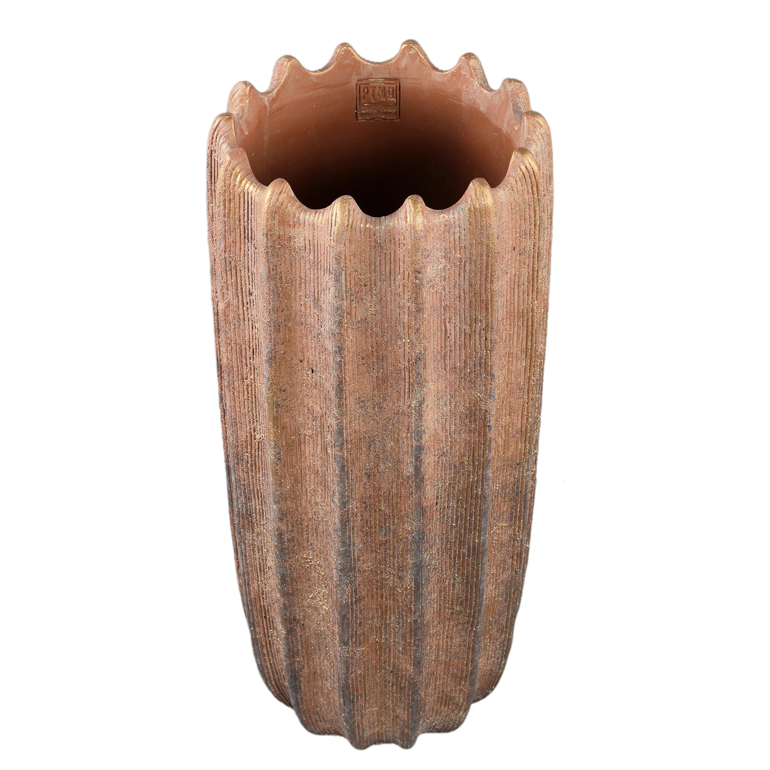 Brigett Copper Cement Pot Ribbed Round High L van PTMD, detail van de koperkleurige ribbels en structuur