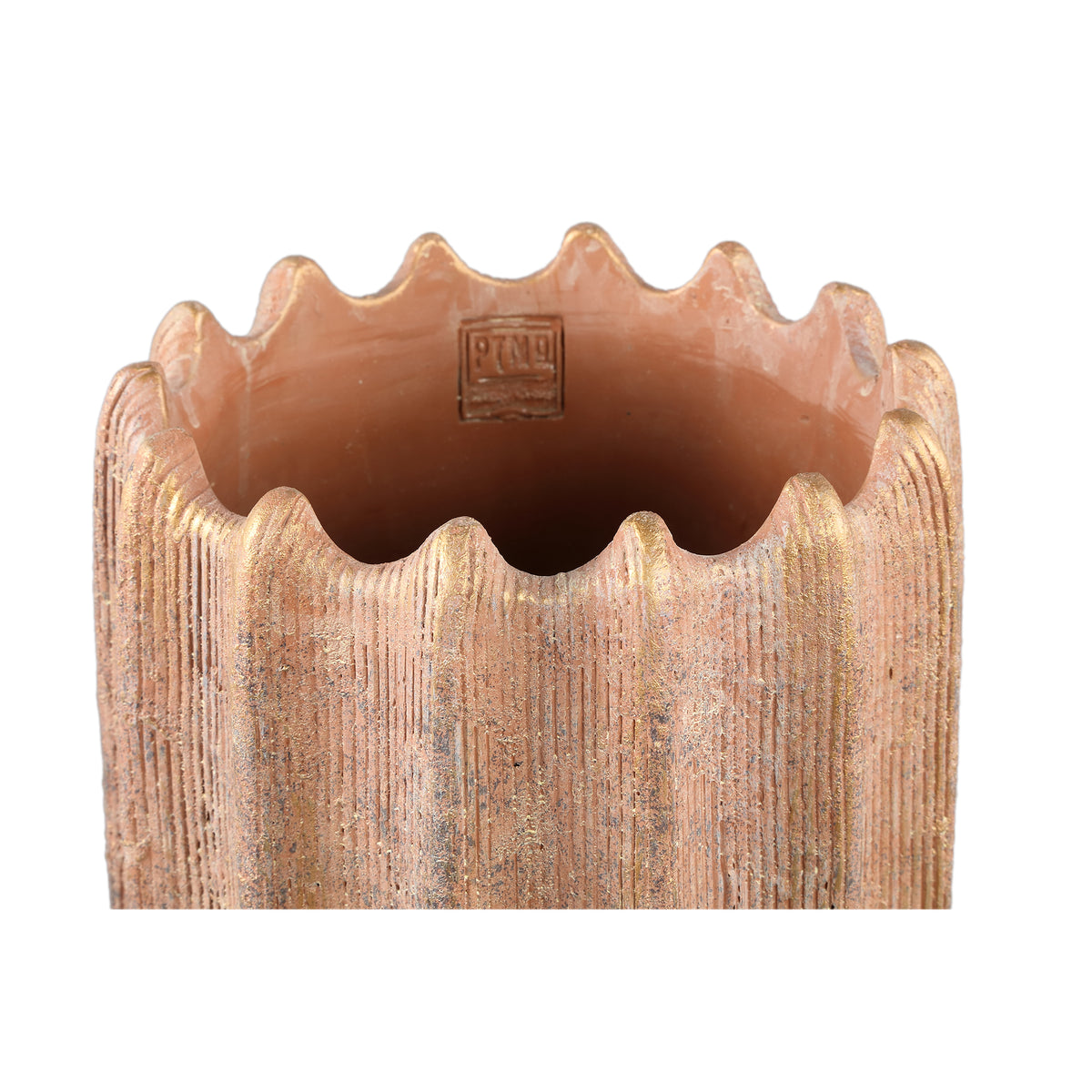 Brigett Copper Cement Pot Ribbed Round High L van PTMD, bovenaanzicht van de ronde cementpot op witte achtergrond