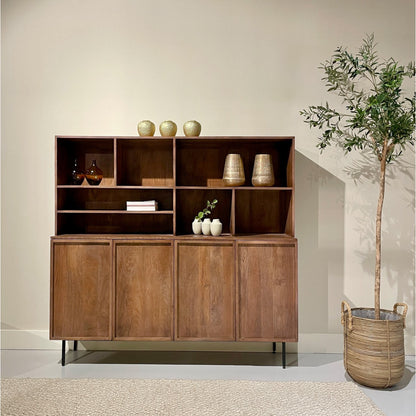 Buffetkast Elan 180cm in Pecan, warm middenbruin mangohout met zwart onderstel