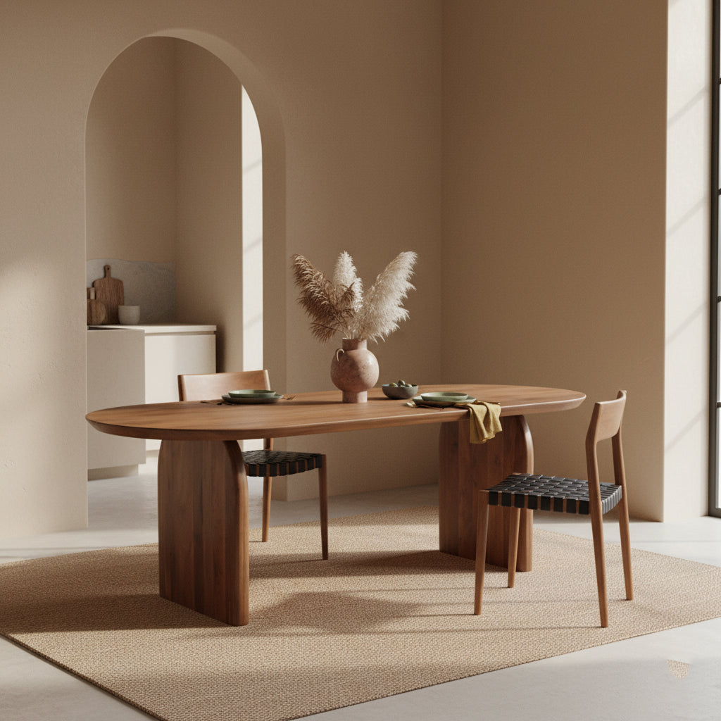 Bullnose eettafel van Raw Materials, afgeronde bladrand en dicht houten onderstel van opzij