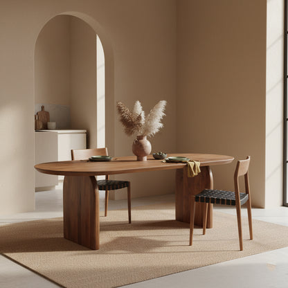 Bullnose eettafel van Raw Materials, afgeronde bladrand en dicht houten onderstel van opzij