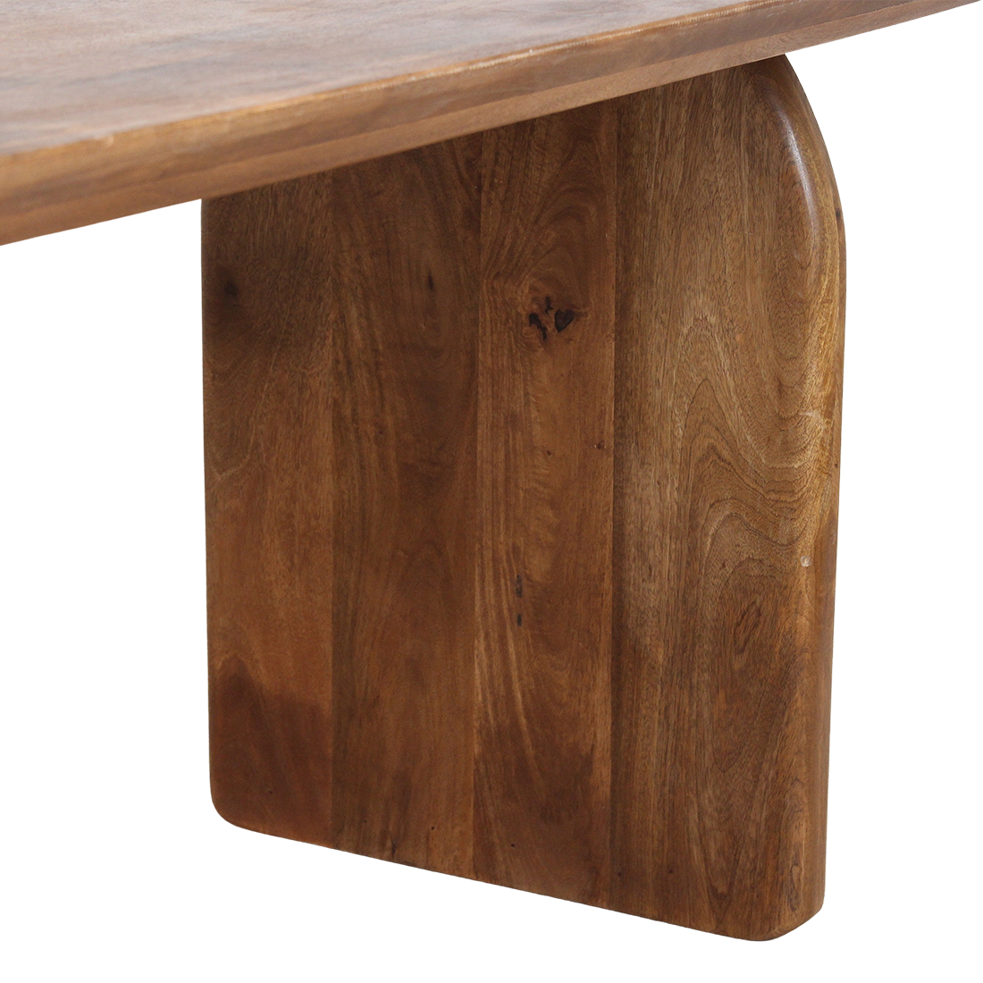 Bullnose eettafel van Raw Materials, detail van de mangohouten nerf op het tafelblad