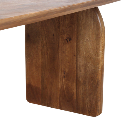 Bullnose eettafel van Raw Materials, detail van de mangohouten nerf op het tafelblad