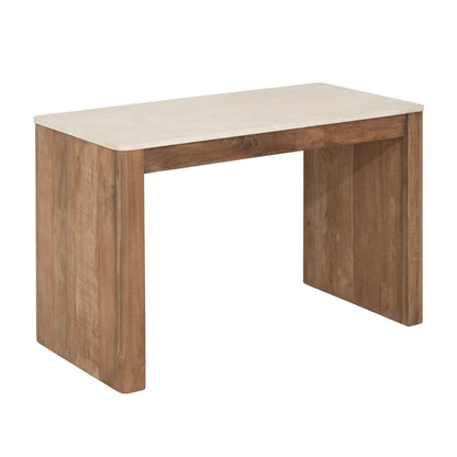 Bureau Bliss Mortex van DTP Home, gerecycled teakhout met licht mortex blad, volledig in beeld