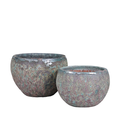 Caedyn Green Round Ceramic Pot Rough Finish L Set van 2 PTMD - Pot - PTMD - livinglovely.nl