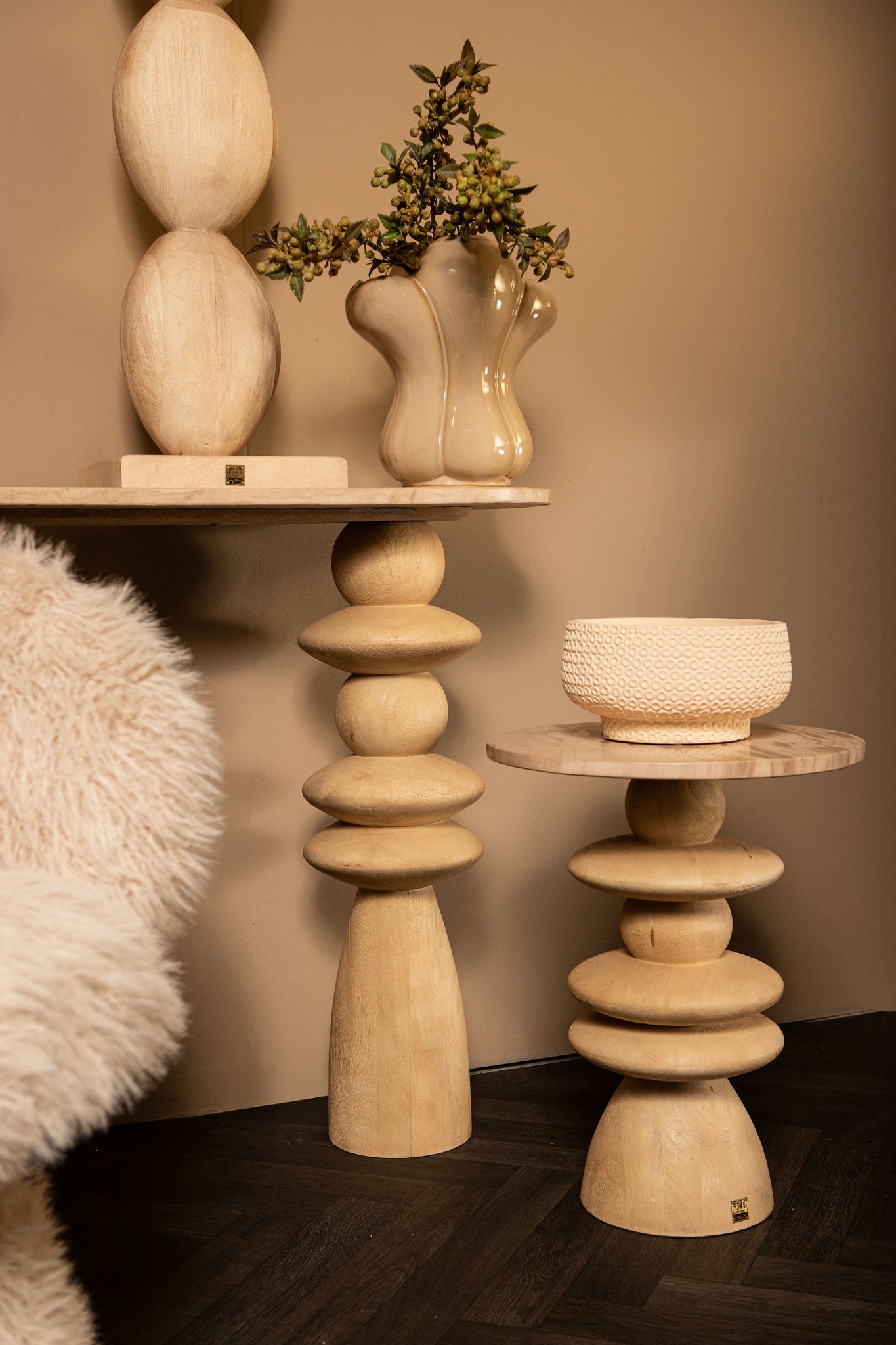 Callain Natural Mango Wood Side Table Marble Rnd S - - PTMD - livinglovely.nl