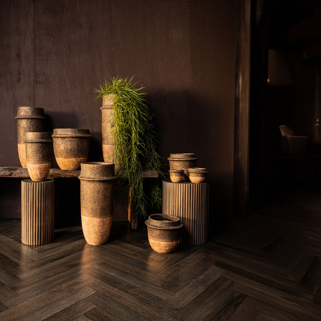 Christenee Grey half brown cement round pot high S PTMD - Pot - PTMD - livinglovely.nl