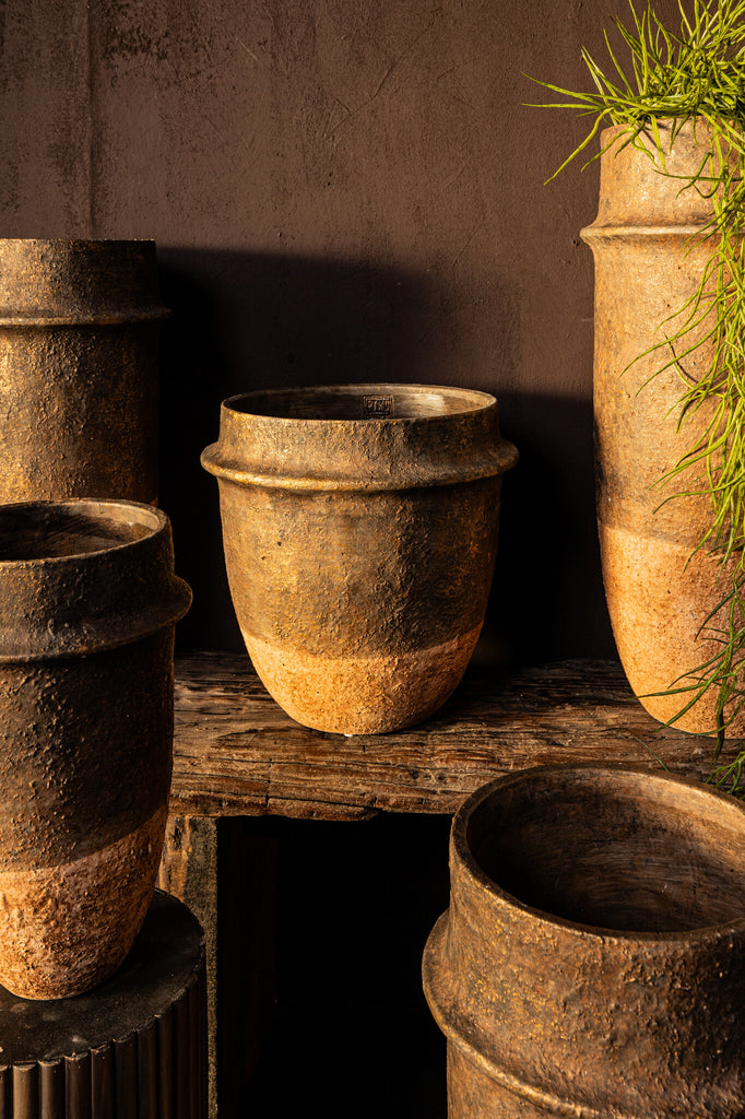 Christenee Grey half brown cement round pot high S PTMD - Pot - PTMD - livinglovely.nl