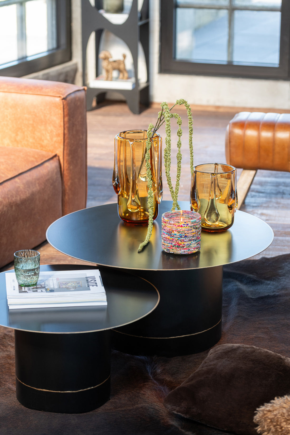 Coffee Table Cyll Base With Golden Border Round Iron Black/Gold Colored Small - - J-Line - livinglovely.nl