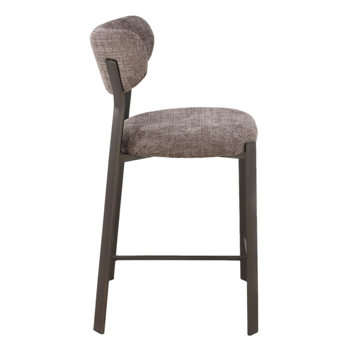 Zijaanzicht van de Bowie counterkruk in taupe stof met zithoogte 65cm