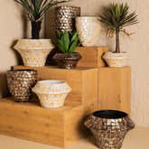 Daven Cream Poly Shell Bamboo Pot Rond Low PTMD , Vaas/pot/kruik , PTMD , livinglovely.nl