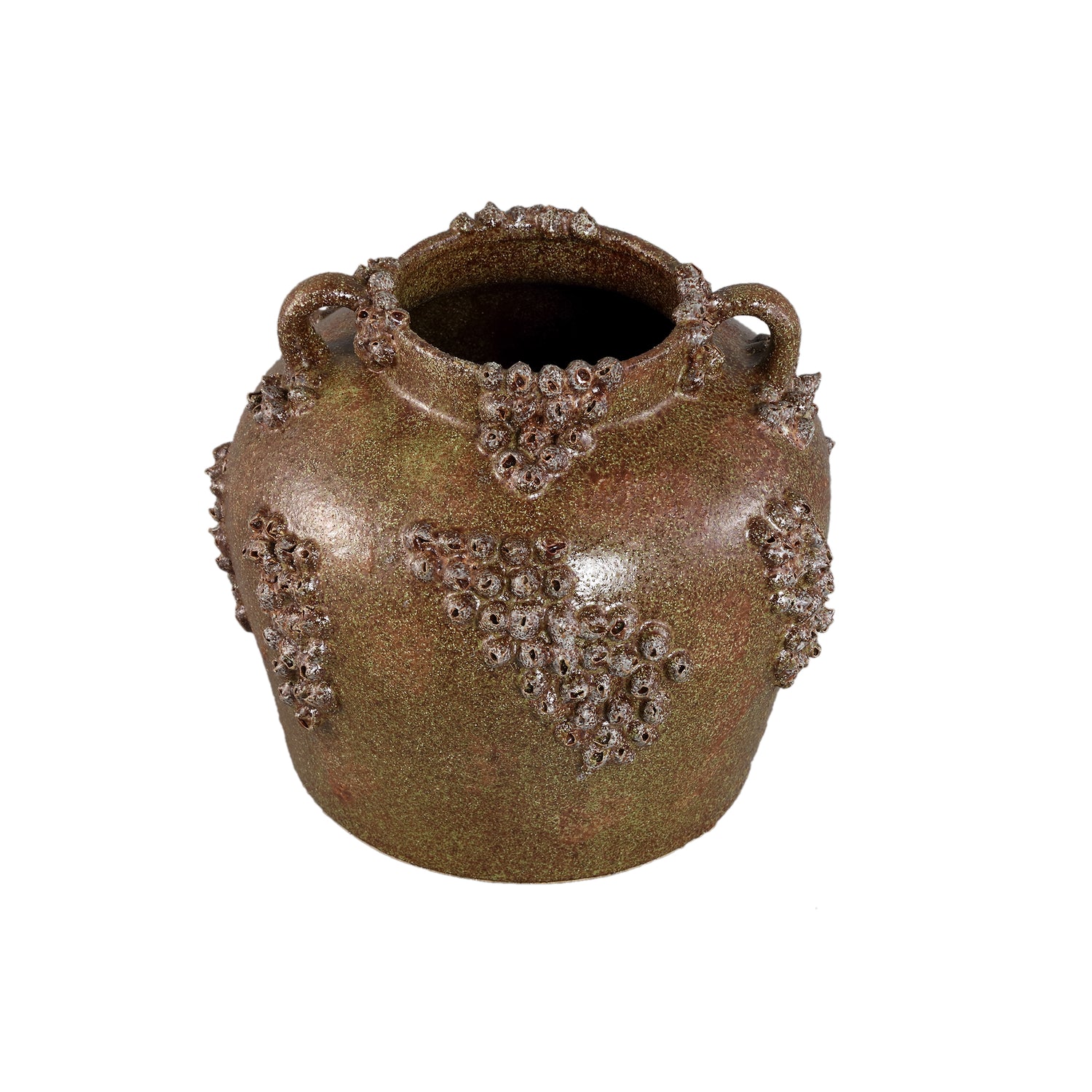 Deisy Green Ceramic Jar With Handles Rough Coral S van PTMD, zijaanzicht van de pot op witte achtergrond