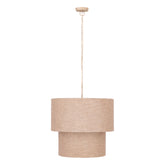 Devi hanglamp van PTMD, ronde dubbele kap van taupe stof met lang snoer op witte achtergrond