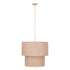 Devi hanglamp van PTMD, ronde dubbele kap van taupe stof met lang snoer op witte achtergrond