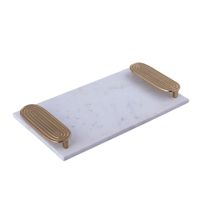 Dez White Marble Rectangle Tray Golden Handles L - - PTMD - livinglovely.nl