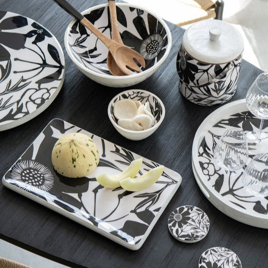 Dienblad Rond Met Handvaten Bloemen Mangohout Zwart/Wit - Dienblad - J-Line - livinglovely.nl
