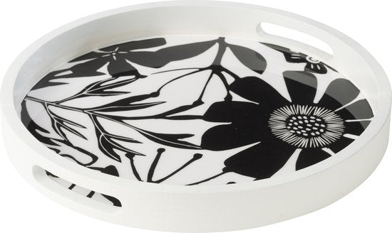 Dienblad Rond Met Handvaten Bloemen Mangohout Zwart/Wit - Dienblad - J-Line - livinglovely.nl