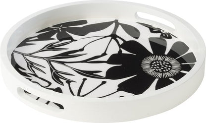 Dienblad Rond Met Handvaten Bloemen Mangohout Zwart/Wit - Dienblad - J-Line - livinglovely.nl