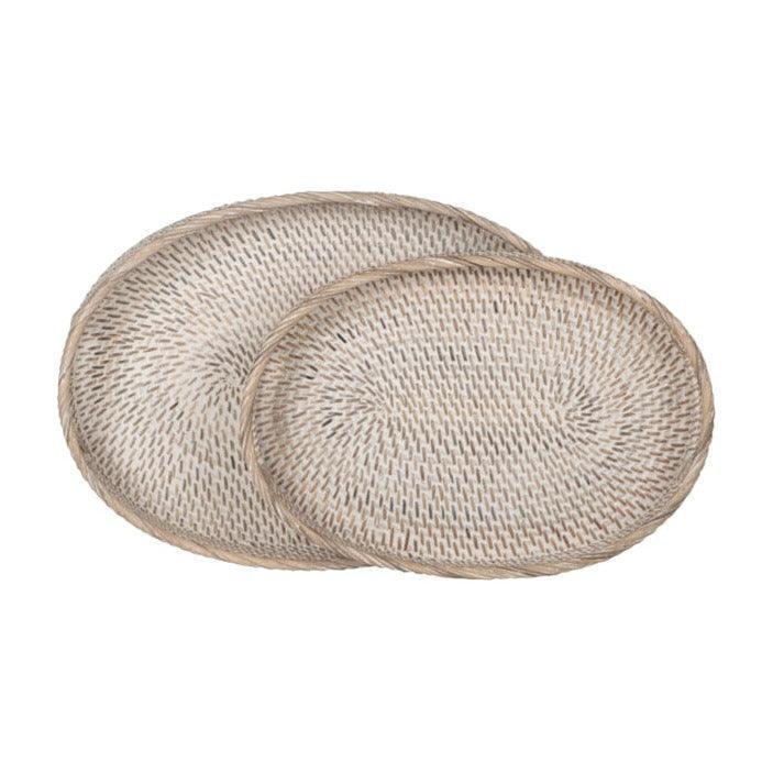 Dienbladen Saint Barths Ovaal van MUST Living, set van twee ovale gevlochten rotan bladen in wit