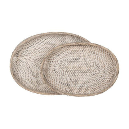 Dienbladen Saint Barths Ovaal van MUST Living, set van twee ovale gevlochten rotan bladen in wit