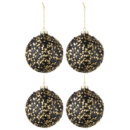 Doos Van 4 Kerstballen Glitter Paillettenglas Zwart Goud Medium - Kerstbal - J-Line - livinglovely.nl
