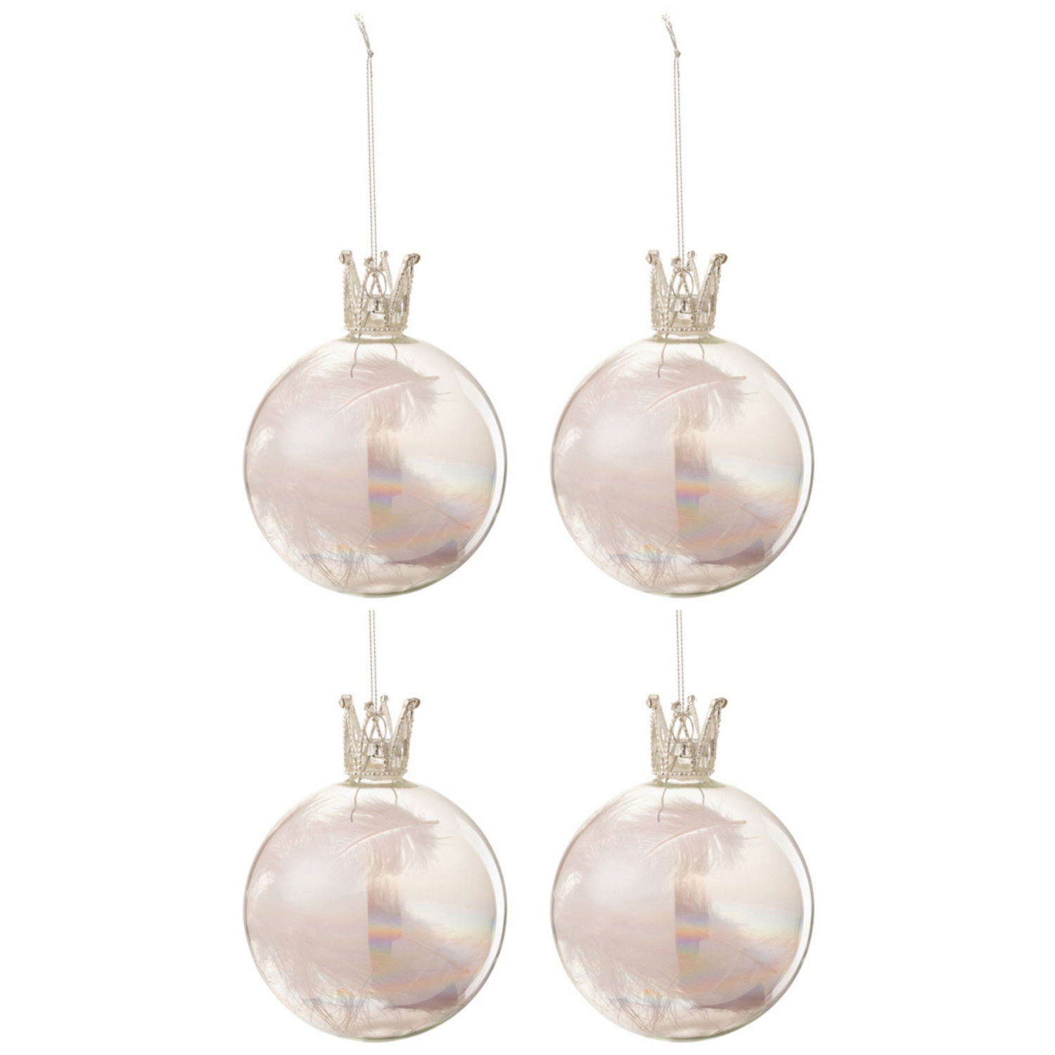 Doos Van 4 Kerstballen Kroon Pluim Licht Roze Glas Medium - Kerstbal - J-Line - livinglovely.nl