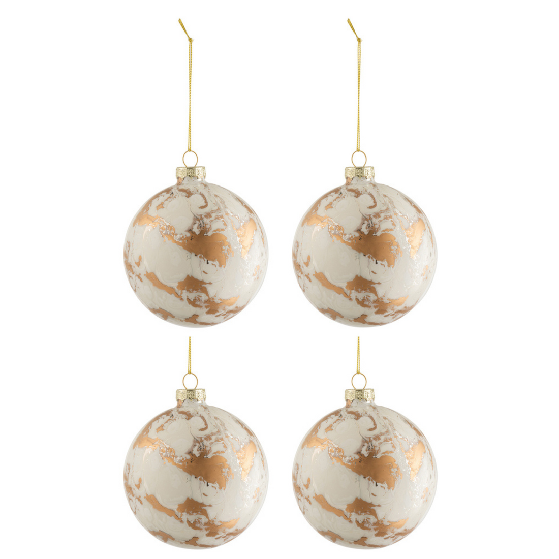 Doos Van 4 Kerstballen Marmerlook Glas Wit/Goud Medium - Kerstbal - J-Line - livinglovely.nl