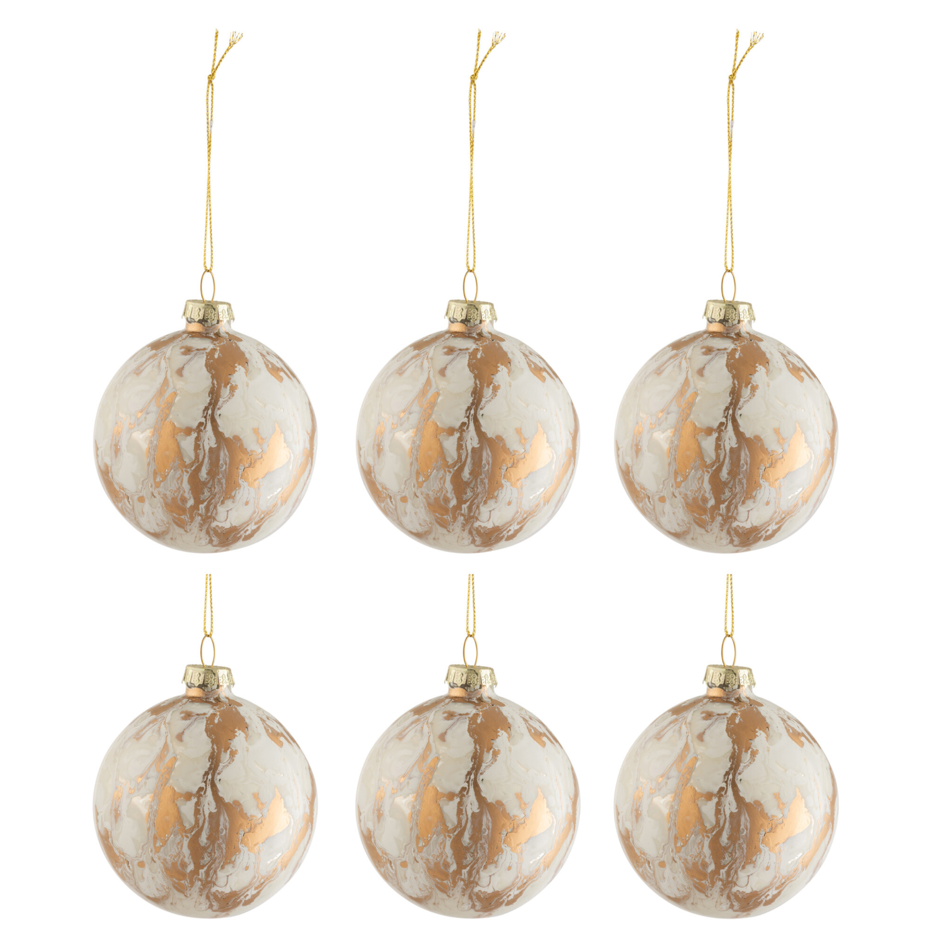Doos van 6 Kerstballen Marble Glas Wit/Goud Small - Kerstbal - J-Line - livinglovely.nl