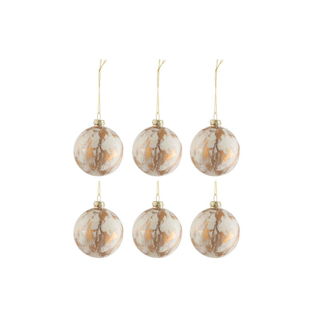 Doos van 6 Kerstballen Marmerlook Glas Wit/Goud Small 8,5xh10cm J-Line