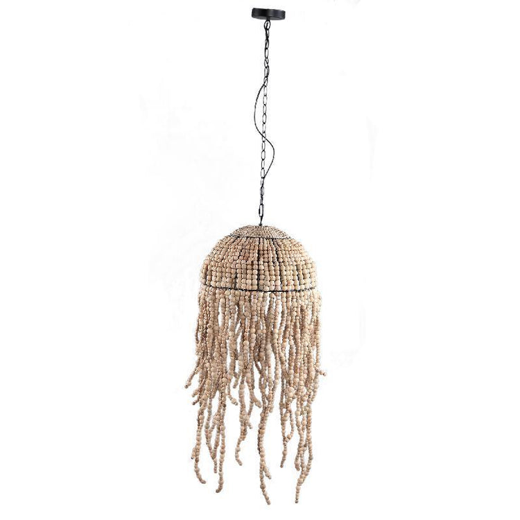 Doritty Naturel hanging lamp wood beaded round PTMD , Hanglamp , PTMD , livinglovely.nl