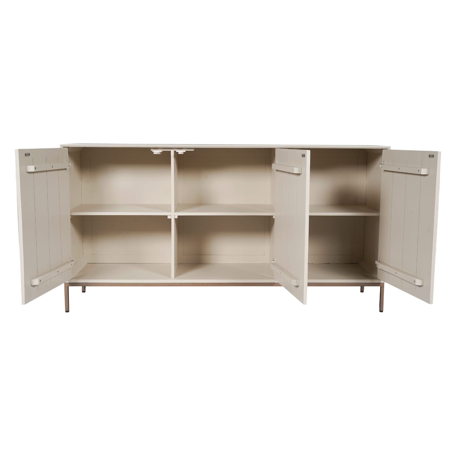 Detail van de deurlatten en het bronskleurige frame van het Dressoir Madison van Starfurn in zandkleur
