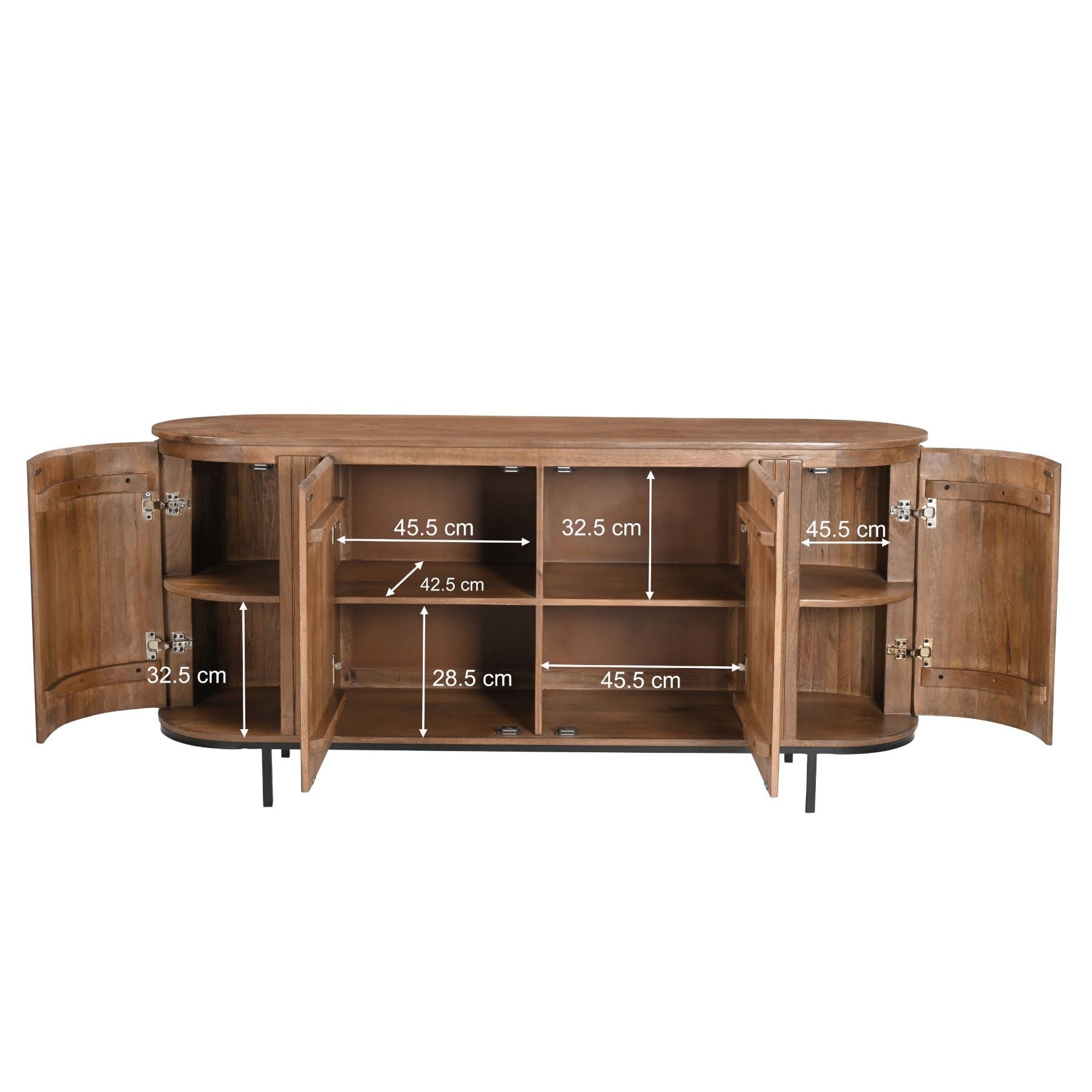 Noor dressoir met geopende deuren en de binnenmaten van de vier vakken