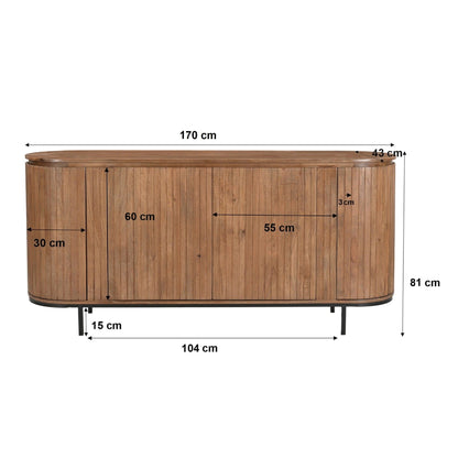 Maatschets van het Noor dressoir met afmetingen 170 bij 43 bij 81 cm