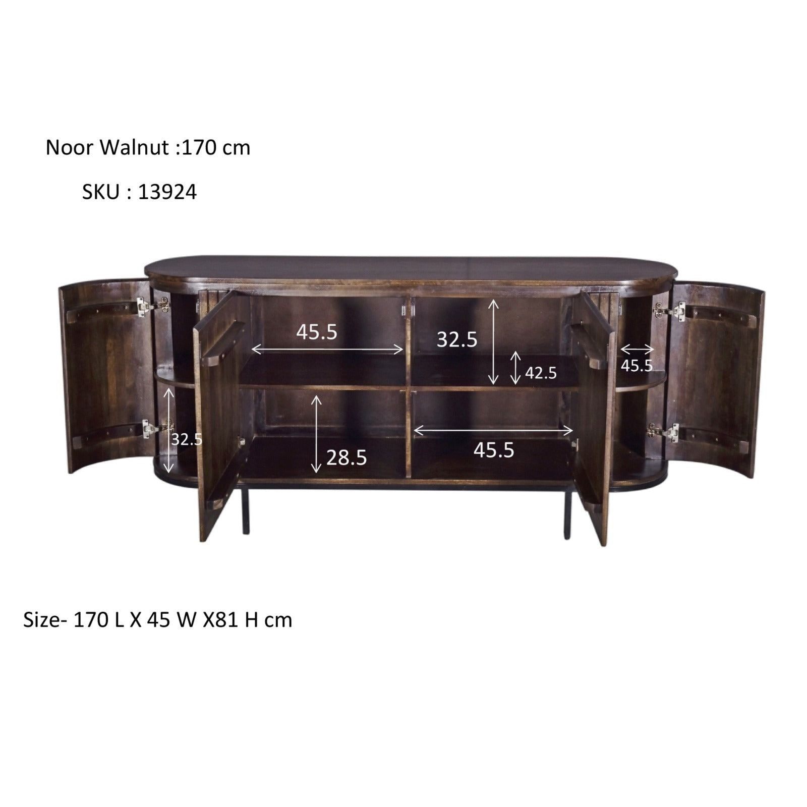 Noor dressoir in Walnut met geopende deuren en de binnenmaten van de vakken