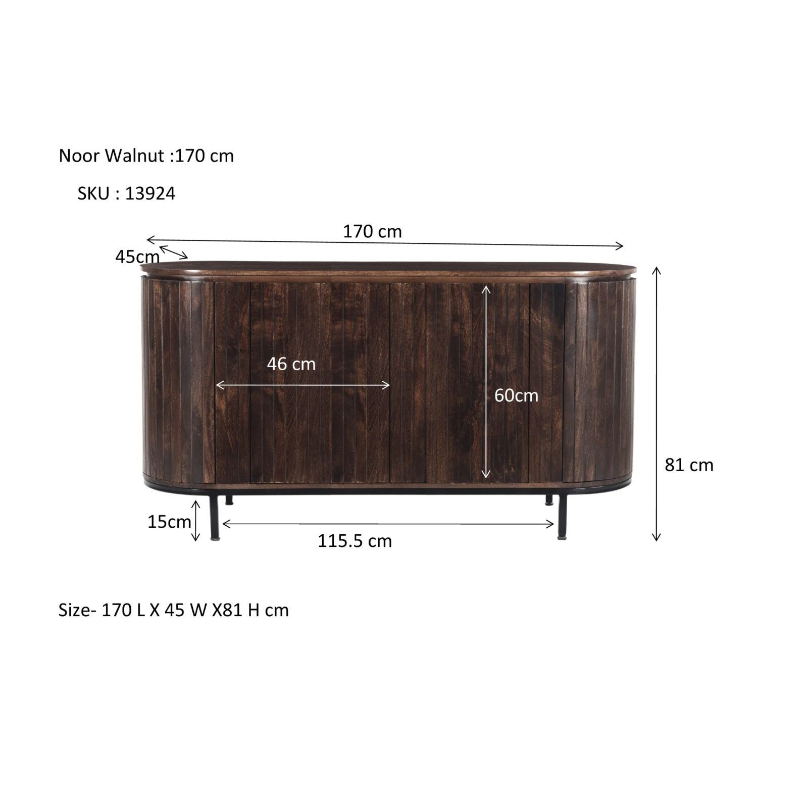 Maatschets van het Noor dressoir met afmetingen 170 bij 43 bij 81 cm