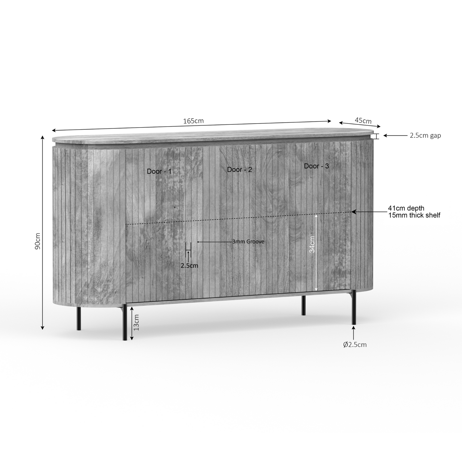 Schuin vooraanzicht van het Solana dressoir van 165 bij 45 bij 90 cm