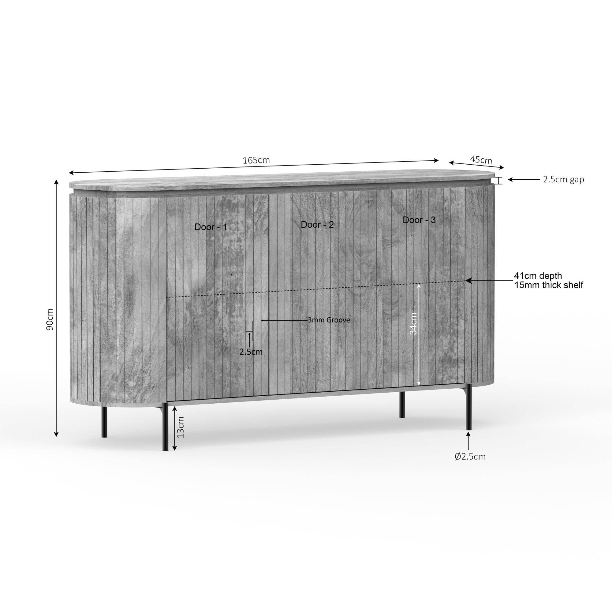 Schuin vooraanzicht van het Solana dressoir van 165 bij 45 bij 90 cm
