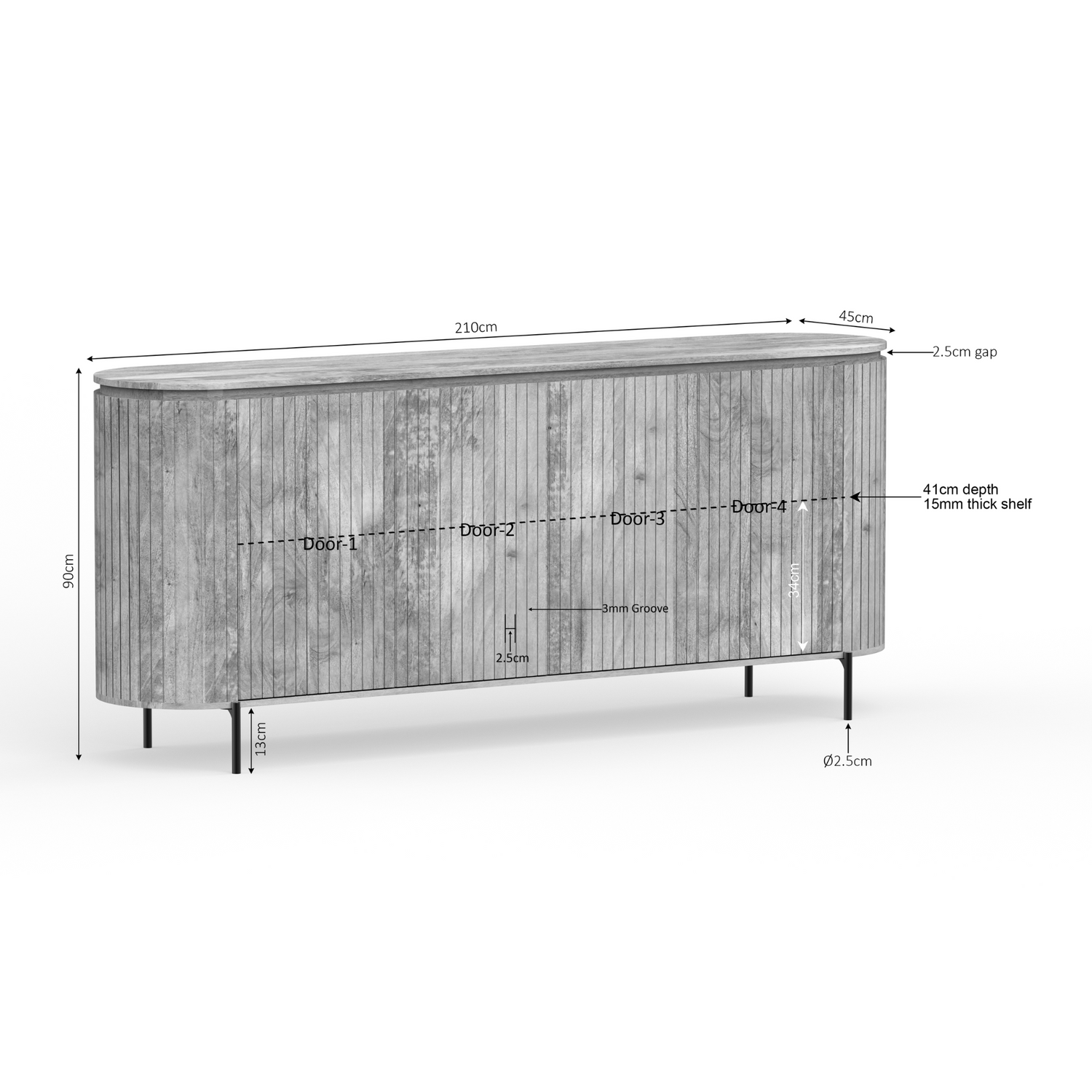 Schuin vooraanzicht van het Solana dressoir van 210 bij 45 bij 90 cm