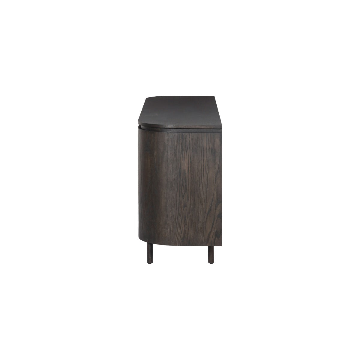 Zijaanzicht van het espresso Tobago dressoir, 43 cm diep met volledig ronde zijkant
