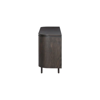 Zijaanzicht van het espresso Tobago dressoir, 43 cm diep met volledig ronde zijkant