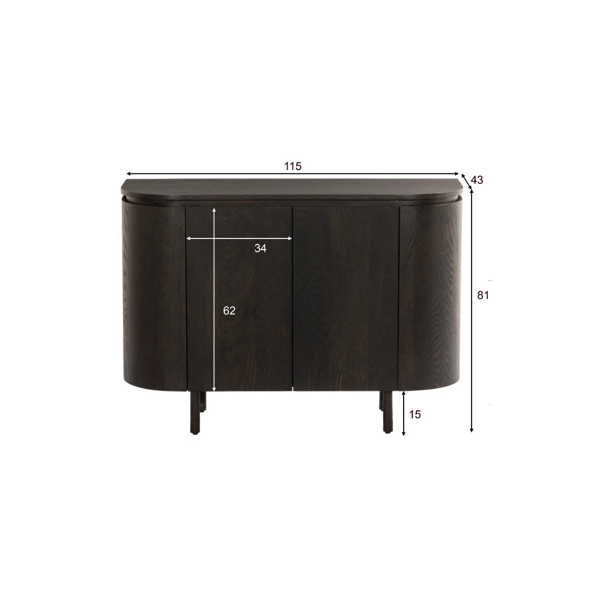 Maatschets van het Tobago dressoir met afmetingen 115 bij 43 bij 81 cm