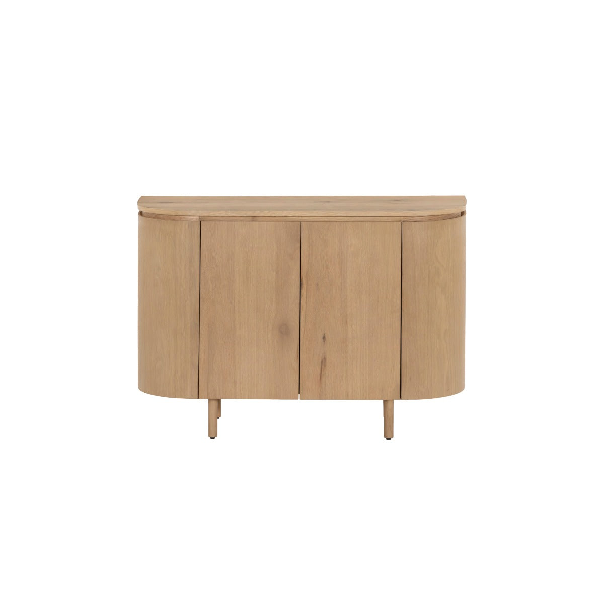 Vooraanzicht van het Tobago dressoir in naturel eiken met verticaal lattenpatroon op de deuren