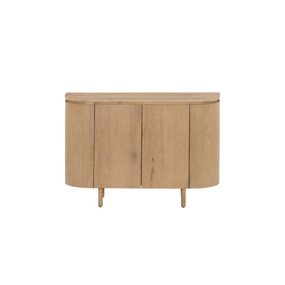 Vooraanzicht van het Tobago dressoir in naturel eiken met verticaal lattenpatroon op de deuren