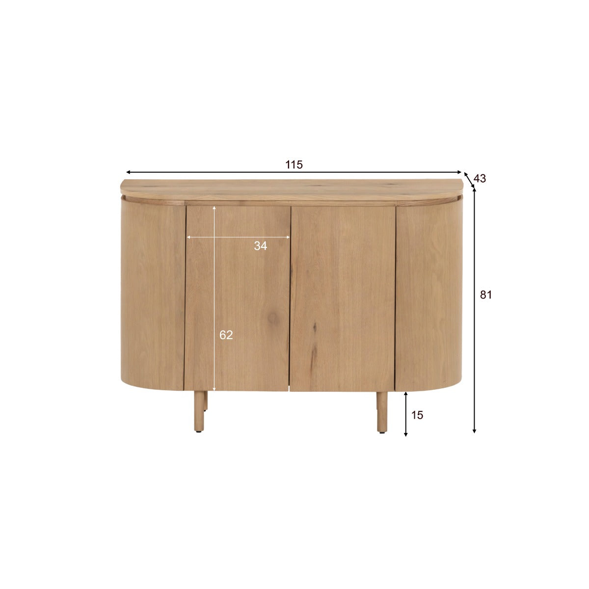 Maatschets van het Tobago dressoir met afmetingen 115 bij 43 bij 81 cm
