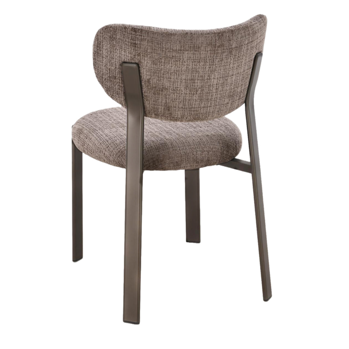 Eetkamerstoel Bowie taupe schuin van achteren, open frame en ronde zitting